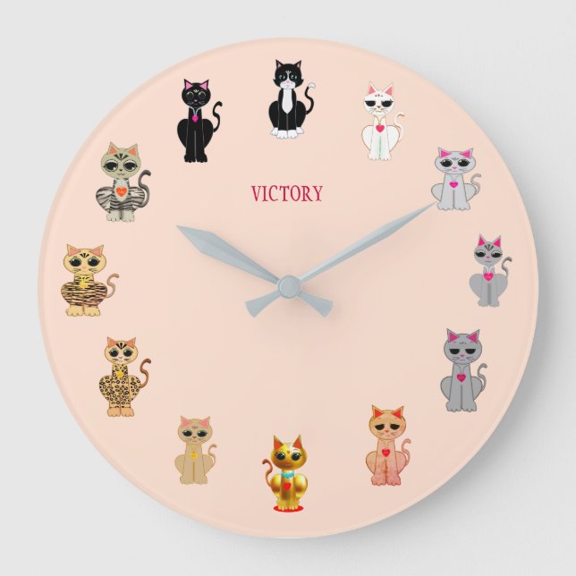 Modern Cute Victory Cartoon Cats Large Clock (Front)