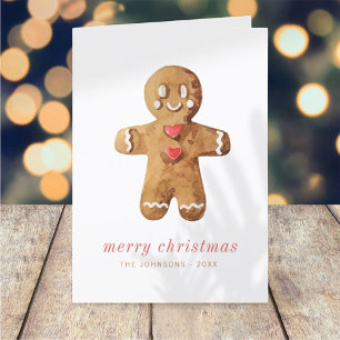 Modern Cute Watercolor Gingerbread Man Holiday Card