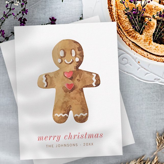 Modern Cute Watercolor Gingerbread Man Holiday Card (Creator Uploaded)