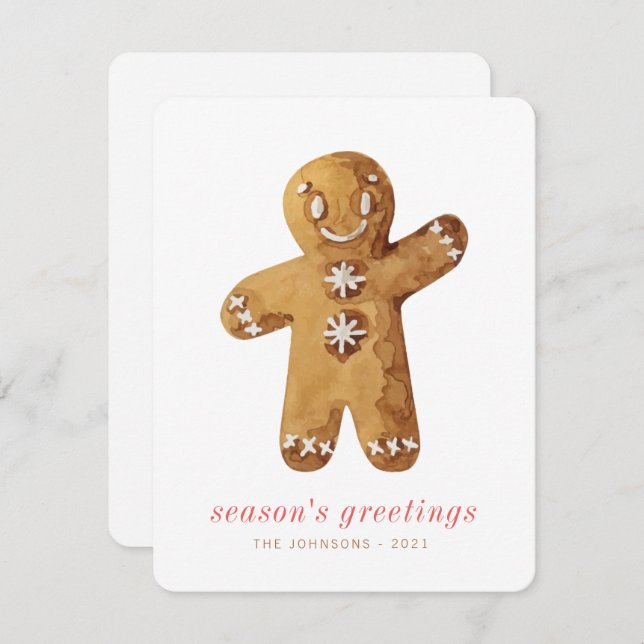 Modern Cute Watercolor Gingerbread Man Holiday Card (Front/Back)