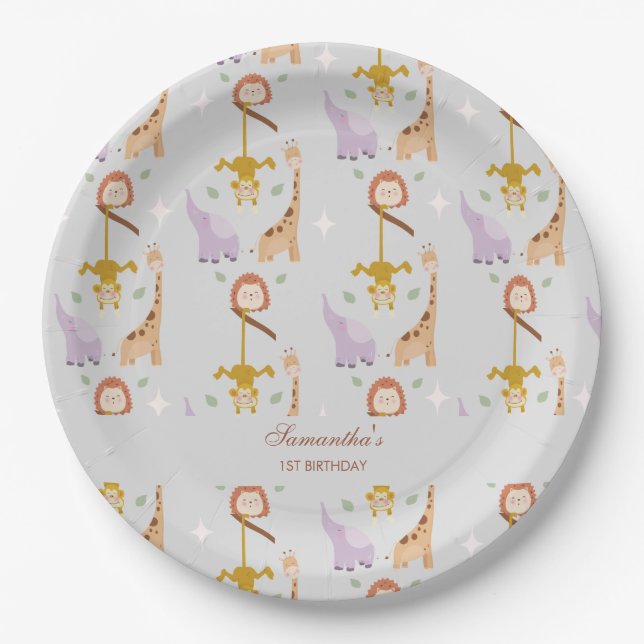 Modern Cute Wild One Safari Animals Birthday Paper Plate (Front)