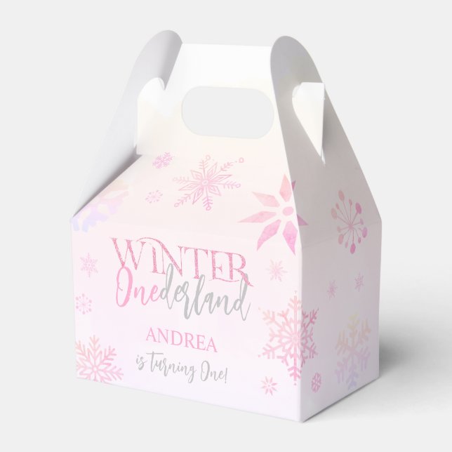 Modern Cute Winter ONEderland Pink First Birthday Favour Box (Front Side)