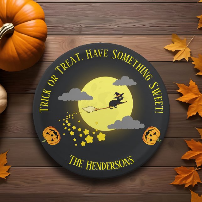Modern Cute Witch Black Cat Halloween Kids Party Paper Plate (Creator Uploaded)