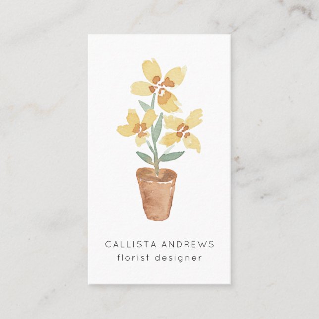 Modern Cute Yellow Potted Flower Florist Designer Business Card (Front)