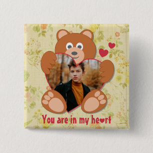 Modern Cute Yellow Teddy Bear Heart Photo Frame 15 Cm Square Badge