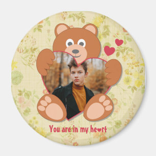 Modern Cute Yellow Teddy Bear Heart Photo Frame Magnet