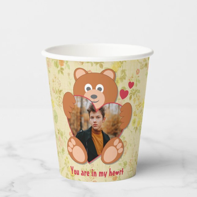 Modern Cute Yellow Teddy Bear Heart Photo Frame Paper Cups (Front)
