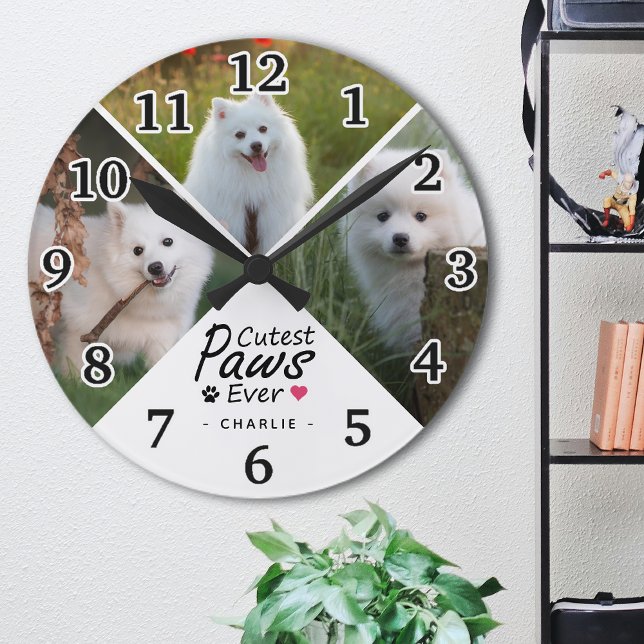 Modern Cutest Paws Ever Family Dog Photo Collage Round Clock (Creator Uploaded)