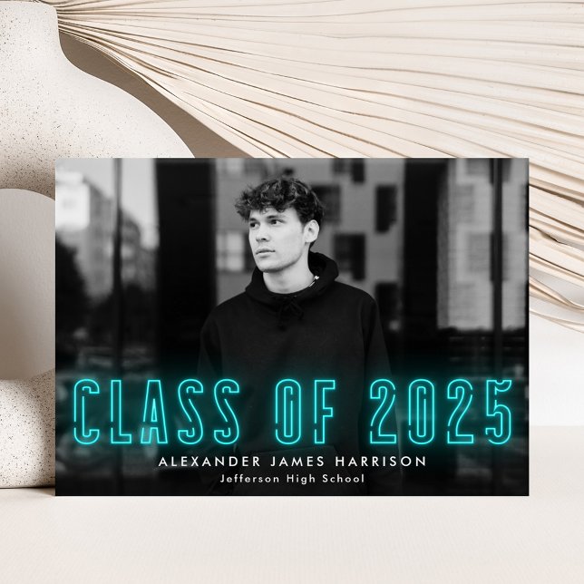 Modern Cyan Neon Class of 2023 Photo Graduation Announcement (Creator Uploaded)