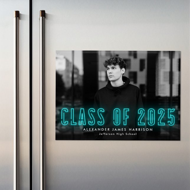 Modern Cyan Neon Class of 2025 Photo Graduation Magnetic Invitation (Creator Uploaded)