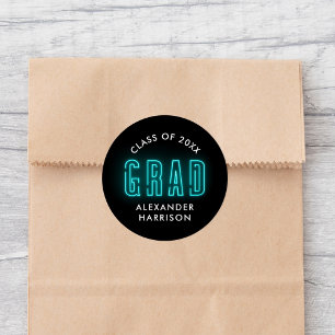 Modern Cyan Neon Graduation Classic Round Sticker
