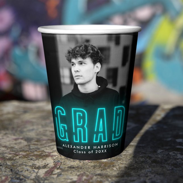 Modern Cyan Neon Graduation Paper Cups (Creator Uploaded)
