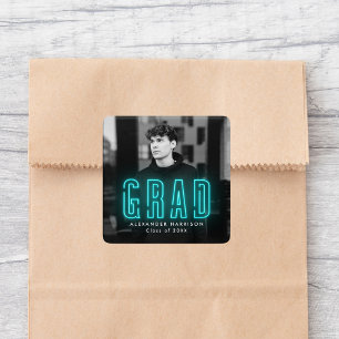 Modern Cyan Neon Graduation Square Sticker