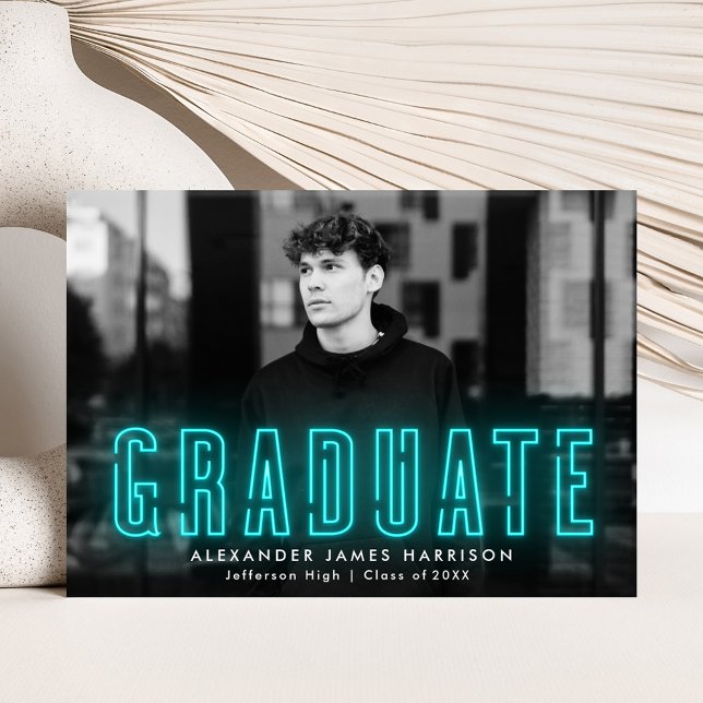 Modern Cyan Neon Photo Graduation Announcement (Creator Uploaded)