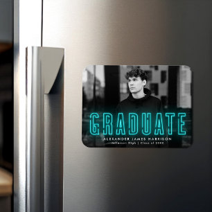Modern Cyan Neon Photo Graduation Magnet