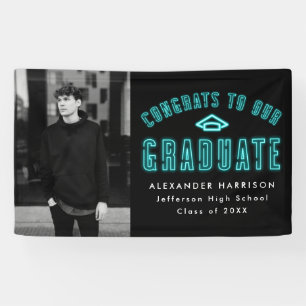 Modern Cyan Neon Photo Graduation Party Banner
