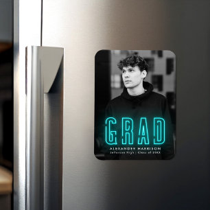 Modern Cyan Neon Vertical Photo Graduation Magnet