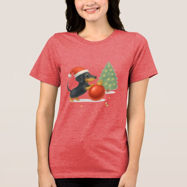 Modern Dachshund Christmas Puppy  - Playful Design Tri-Blend Shirt (Front)