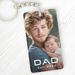 Modern dad est year father's day new baby photo key ring<br><div class="desc">Photo keychain puzzle featuring your photo and the text "Dad" in a modern font with the est year below as a white overlay.</div>