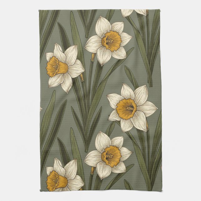 Modern Daffodil Botanical Pattern (2) Tea Towel (Vertical)