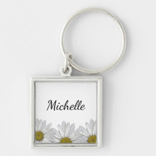 Modern Daisies Floral Rustic Black White Key Ring