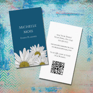 Modern Daisies QR code Black White Floral Business Card