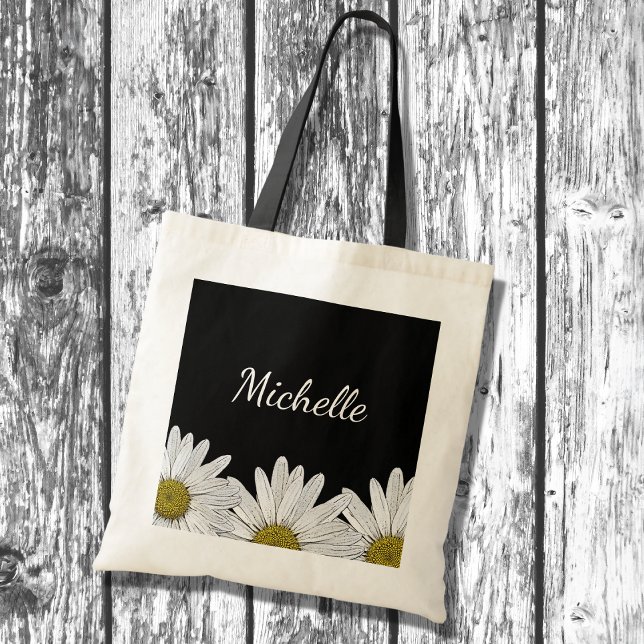 Modern Daisies Rustic Floral Black White Tote Bag (Creator Uploaded)