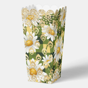 Modern Daisy Floral Chequerboard Gold Glitter Favour Box