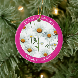 Modern Daisy Pink First Christmas Ceramic Tree Decoration