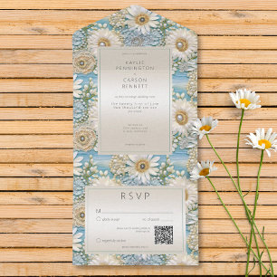 Modern Daisy Satin & Pearls Relief QR Code All In One Invitation