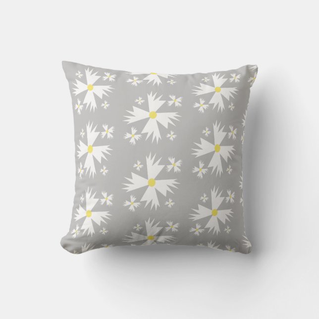 Modern Daisy White Yellow and Grey Floral Pattern Cushion (Front)