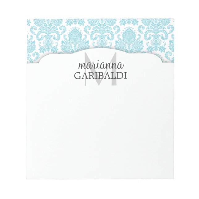 Modern Damask Aqua Personalised Notepad (Front)