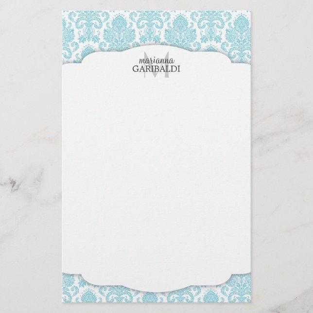 Modern Damask Aqua Personalised Stationery (Front)