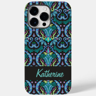 Modern Damask Art Deco Black Turquoise Blue Name Case-Mate iPhone 14 Pro Max Case