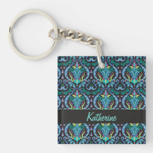 Modern Damask Art Deco Black Turquoise Blue Name Key Ring