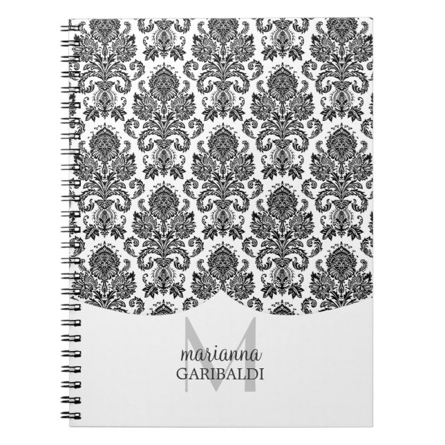 Modern Damask Black and White Personalised Notebook (Front)