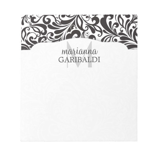 Modern Damask Black Personalised Notepad (Front)