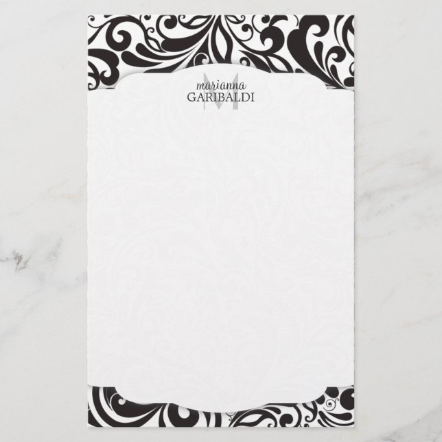 Modern Damask Black Personalised Stationery (Front)