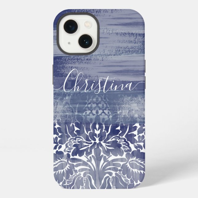Modern Damask Blue Arty Pattern  iPhone Case (Back)