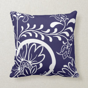 Modern Damask Floral Pattern   Navy Blue Cushion