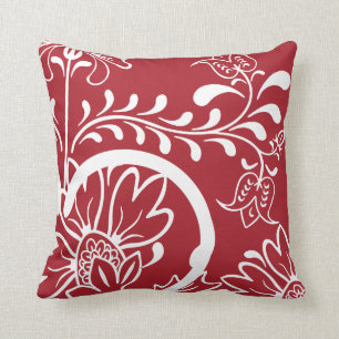 Modern Damask Floral Pattern Red White Cushion