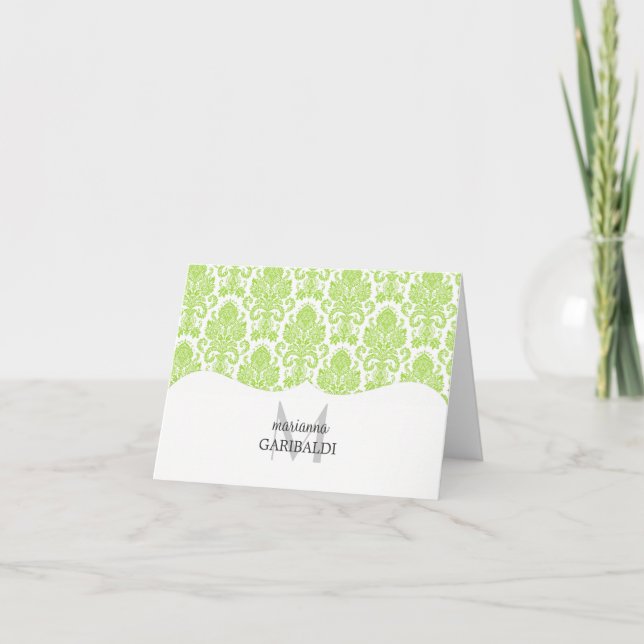 Modern Damask Green Personalised Note Card (Front)