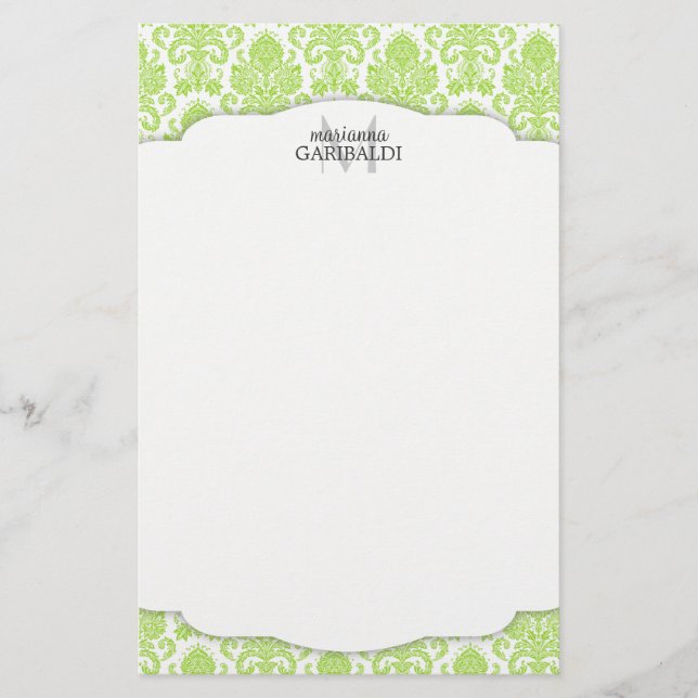Modern Damask Green Personalised Stationery (Front)