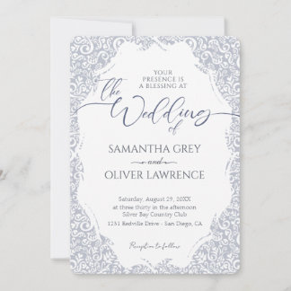 Modern Damask Grey Frame Wedding Invitation