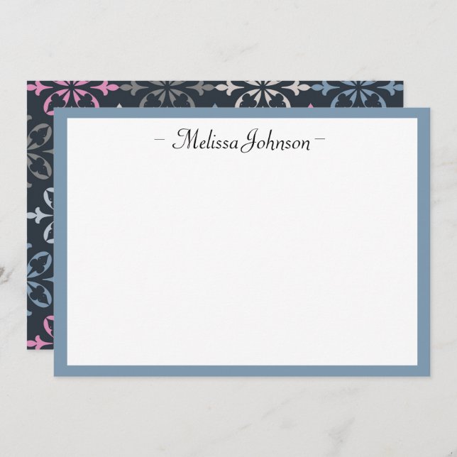 Modern Damask Pink and Navy Personalised Card (Front/Back)