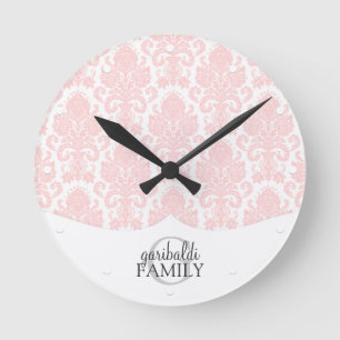 Modern Damask Pink Family Personalised Round Clock