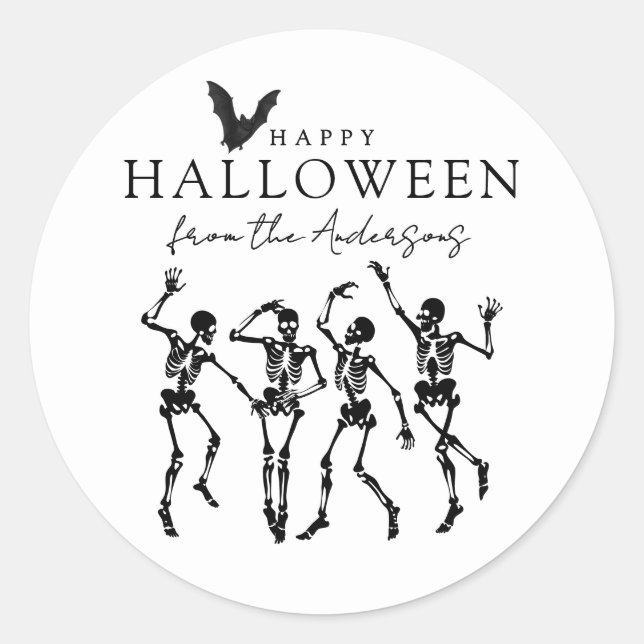 Modern Dancing Skeletons Happy Halloween Classic Round Sticker (Front)