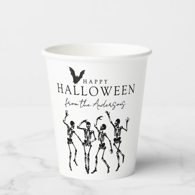 Modern Dancing Skeletons Happy Halloween Paper Cups (Front)