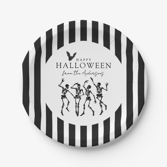Modern Dancing Skeletons Happy Halloween Paper Plate (Front)