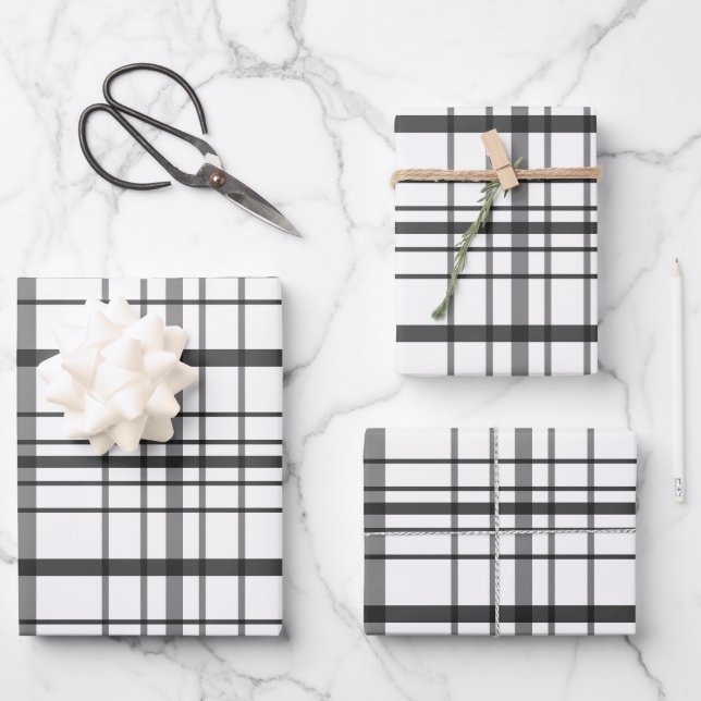 Modern Dark and Light Grey Thin Line Plaid Gift Wrapping Paper Sheet (Front)